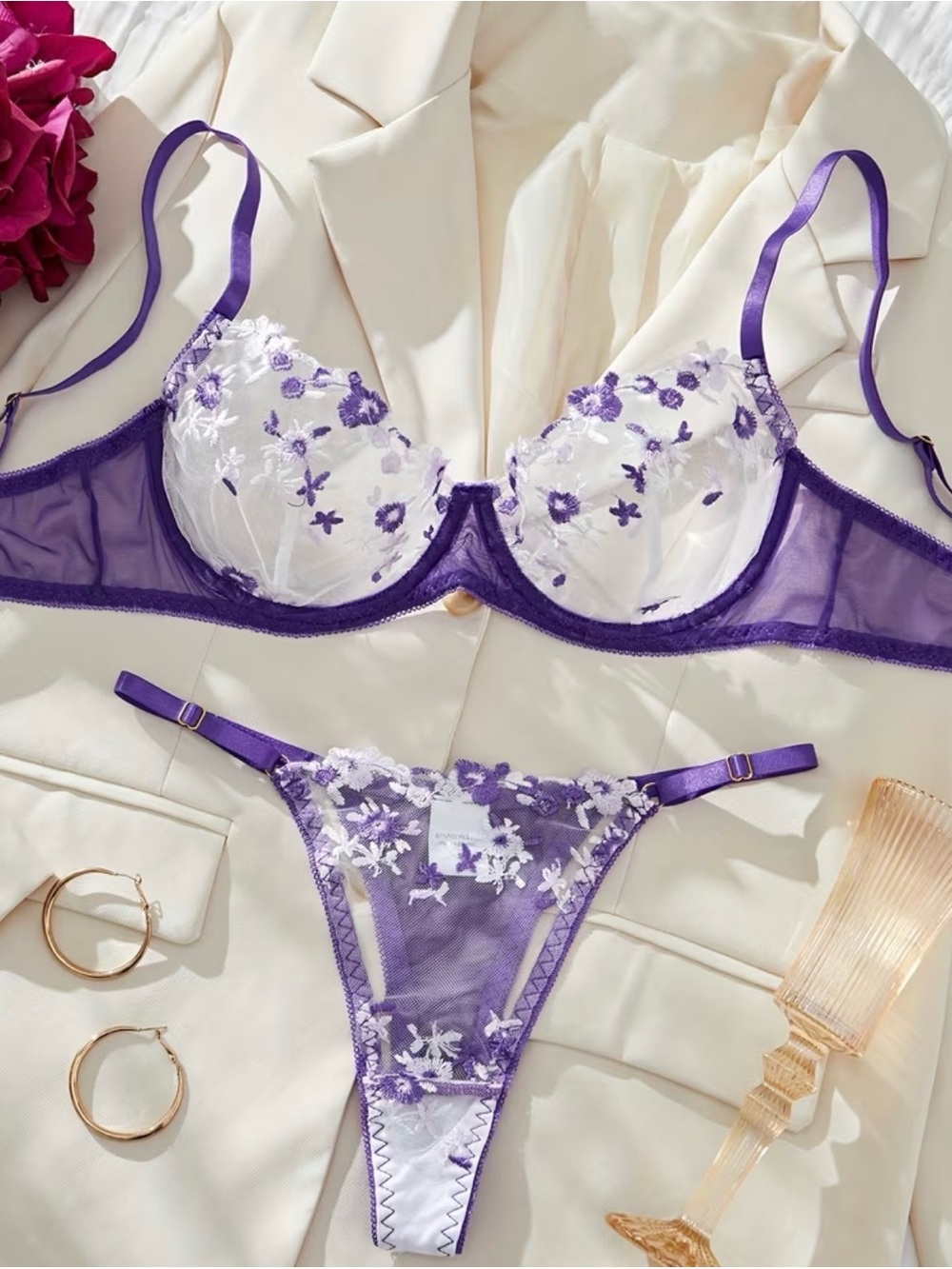 Purple Floral Embroidered Lingerie Set - Women Intimates